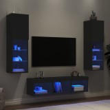 VidaXL Unități de perete TV cu LED-uri, 5 piese, negru, lemn prelucrat