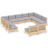 Set mobilier gradina cu perne, 11 piese, gri, lemn masiv pin