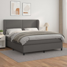 vidaXL Pat box spring cu saltea, gri, 180x200 cm, piele ecologica foto