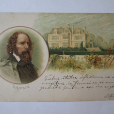 Rară! Carte poștală litografie romaneasca:Alfred Tennyson si casa lui 1899