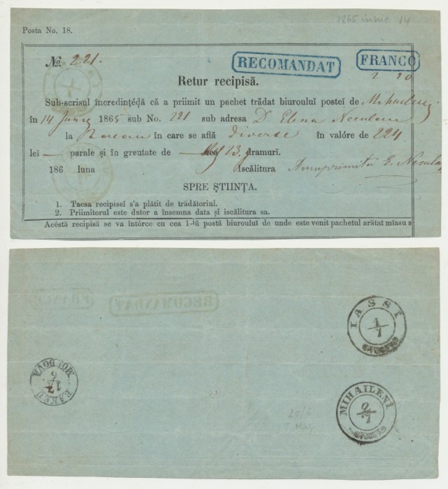 ROMANIA 1865 Retur Recipisa cu combinatie rarisima de stampile Bacau Iasi Mihaileni