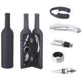 Set Cadou Vin: Tirbuson Profesional, Taietor Capison, Antipicurator, Dop, Inel, Suport Sticla - Accesorii Elegante Negru/Argintiu