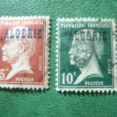 2 Timbre Algeria Franceza 1924 Pasteur , 10 si 45c , supratipar, stampilate