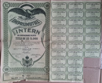 DATORIA PUBLICA A ROMANIEI IMPRUMUTUL INTERN DE CONSOLIDARE TITLU 5000 LEI 1935 foto