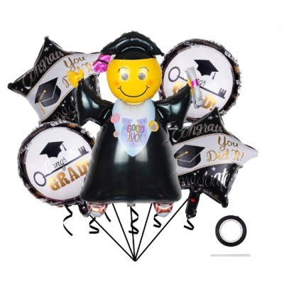 Baloane cu tematica absolvire, flippy, set din 5 baloane, 1 figurina absolventa, 2 stele, 2 rotunde, din folie de aluminiu, 70 x 40 cm, aer si heliu, foto