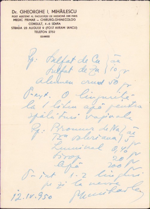 HST A1822 Rețetă 1950 dr Gheorghe I Mihăilescu chirurg-ghinecolog