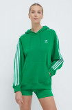 Adidas Originals bluză 3-Stripes Hoodie OS femei, culoarea verde, cu glugă, cu imprimeu, IN8398