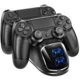 Stand de Incarcare Dubla, 2 x Controler, Compatibilitate PlayStation PS4, Slim, Pro, Indicator LED Display, Port USB, 800 mAh, Antiderapant, Negru - S