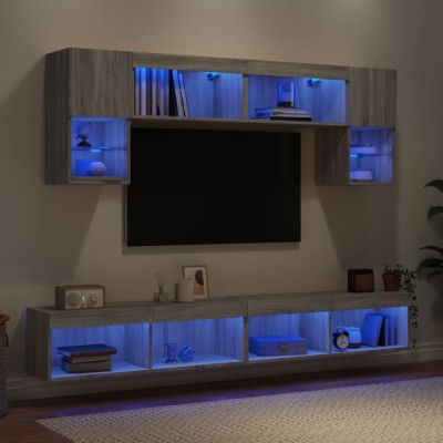 Unități de perete TV cu LED-uri, 6 piese, gri sonoma, lemn foto