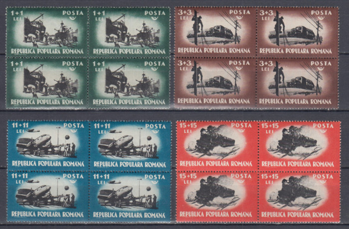 ROMANIA 1948 LP 245 MUNCA IN COMUNICATII BLOCURI DE 4 TIMBRE MNH