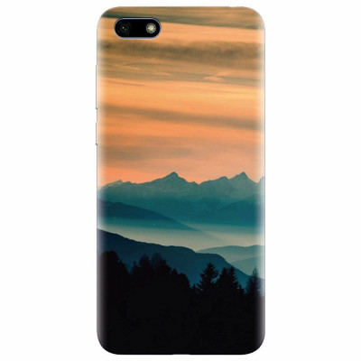 Husa silicon pentru Huawei Y5 Prime 2018, Blue Mountains Orange Clouds Sunset Landscape foto