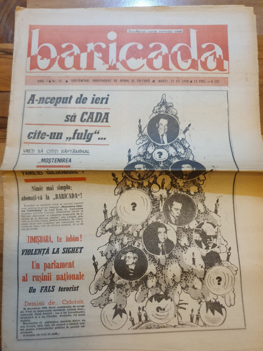 ziarul baricada 25 decembrie 1990-ziua de craciun,1 an de la revolutie
