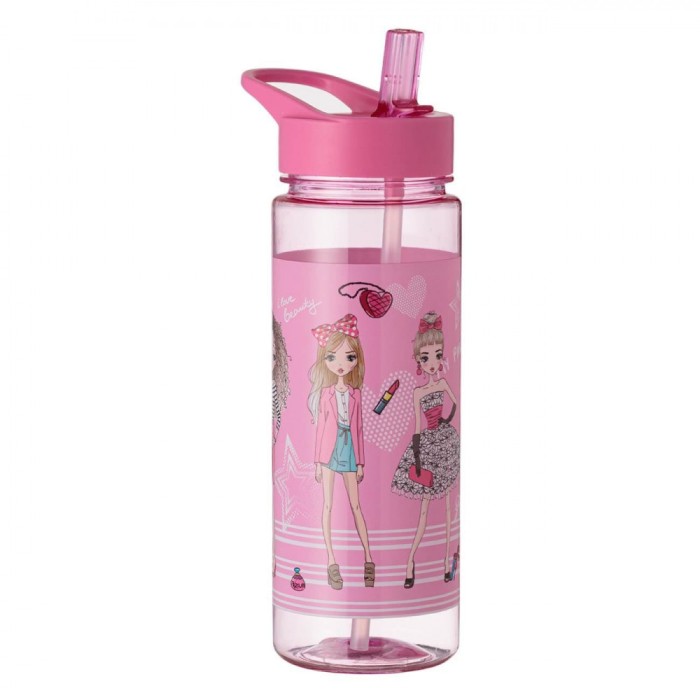 Sticla de apa pentru copii Flip Top roz din plastic, cu un design fashionable pentru fete, de capacitate 650ml