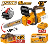 Motofierastrau INGCO CGSLI201262E, 20V, Brushless, lama 30cm / 12&rdquo;, lant 3/8&rdquo;, canal 1.1mm, viteza lant 10m/s, 45 zale, ungere automata, 2 acumulatori