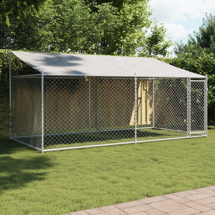 Cușcă c&acirc;ini cu acoperiș și uși, gri, 4x2x2 m, oțel galvanizat