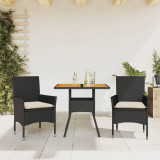 VidaXL Set mobilier grădină perne 3 piese negru poliratan/lemn acacia