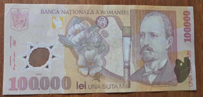 100000 lei 2001 (2002), Rom&acirc;nia, polimer, VF