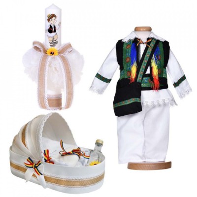 Set botez traditional baietel, trusou botez landou, lumanare si costum foto