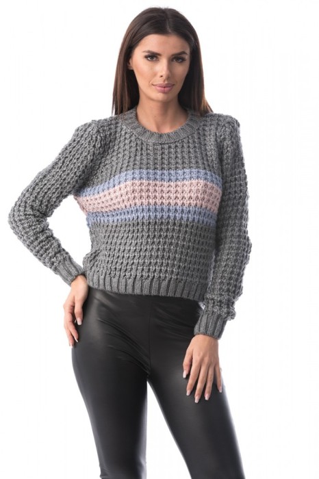E775-18 Pulover casual accesorizat cu o dunga colorata in fata