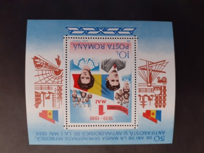 1989 - 50 de ani de la Demonstratia din 1 Mai 1939 - colita dantelata - LP1219 foto