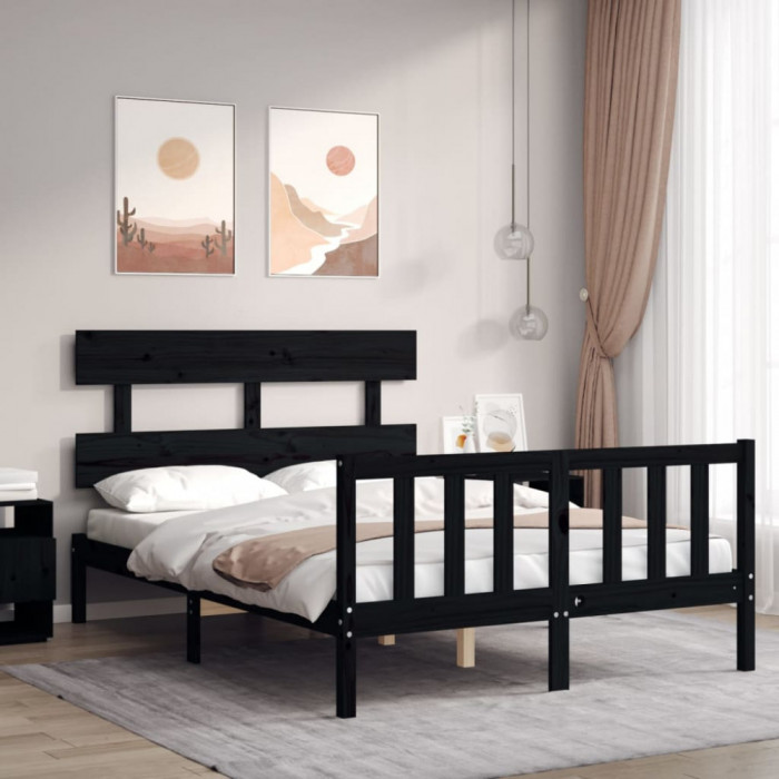 vidaXL Cadru de pat cu tăblie dublu, negru, lemn masiv