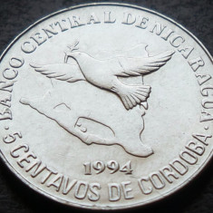 Moneda exotica 5 CENTAVOS de CORDOBA - NICARAGUA, anul 1994 * cod 110 = A.UNC
