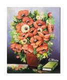 Cumpara ieftin Tablou pictat manual, Carafa cu maci imperiali si carte, 50x40cm ulei pe panza, gata de expus pe perete
