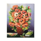 Tablou pictat manual, Carafa cu maci imperiali si carte, 50x40cm ulei pe panza, gata de expus pe perete