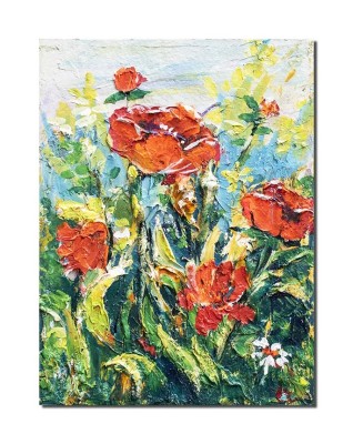 Tablou cu maci stilizati pictat manual, 40x30cm acril pe panza in cutit efect 3D, Kenny Varniote foto