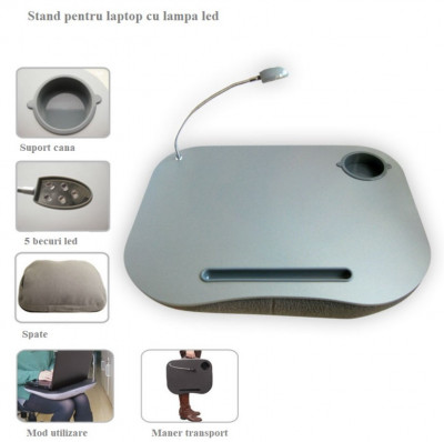 Masa laptop cu pernuta din margele spuma, suport pahar, lampa LED foto
