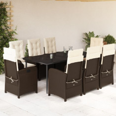 Set mobilier de gradina cu perne, 9 piese, maro, poliratan