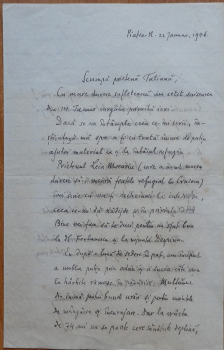 Scrisoare G. T. Kirileanu, Piatra Neamt, 1946, Arboroasa, Leca Morariu