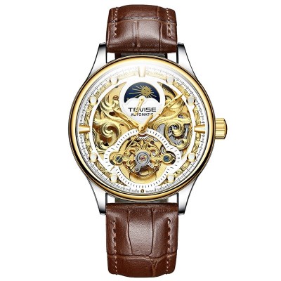 Ceas barbatesc Tevise Mecanic automatic Skeleton Auriu Maro Analog Elegant foto