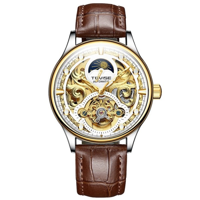Ceas barbatesc Tevise Mecanic automatic Skeleton Auriu Maro Analog Elegant