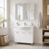 Set mobilier baie cu lavoar GN1531, front MDF cu lavoar ceramic, 80 cm, 3 usi, picioare reglabile cromate, balamale soft close si dulap cu oglinda Cel