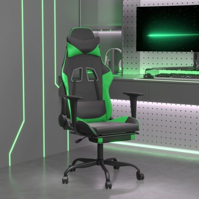 Scaun de gaming cu suport picioare negru/verde, piele ecologică foto
