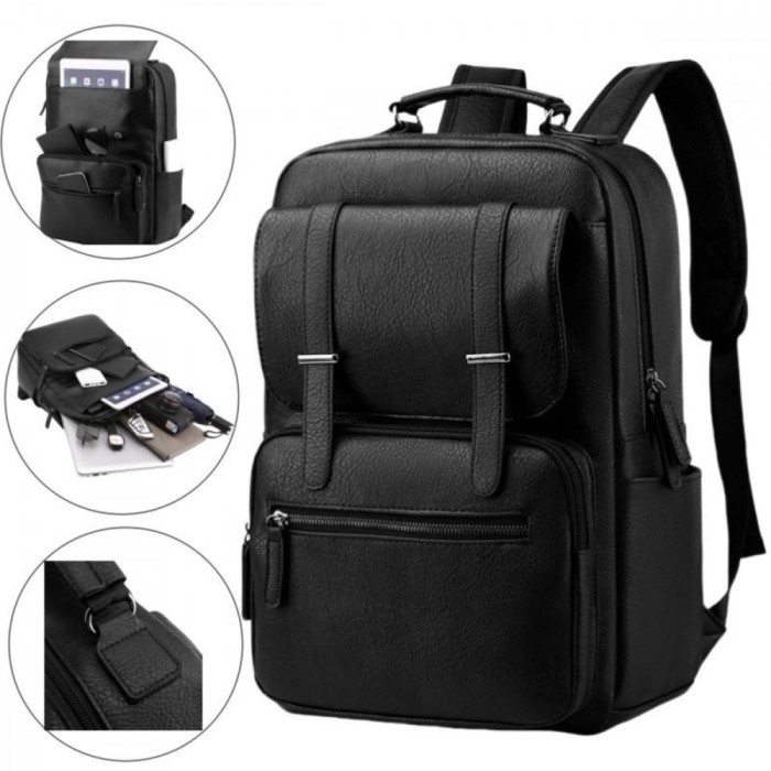 Rucsac multifunctional Versatyx&reg;, Exterior piele PU, Ideal pentru laptop, birou sau calatorii, Impermeabil, Buzunare multiple, Inchidere cu fermoar, B