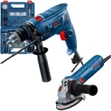 Bosch GWS 12-125 S + GSB 600 - Polizor unghiular cu fir 1200 W 125 mm + Masina de gaurit cu percutie 600 W mandrina cu cheie 13 mm valiza plastic acce