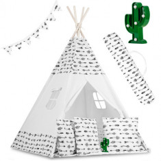 Cort de Joaca Ricokids pentru Copii cu Ghirlanda, 3 Pernite si Lampa LED Cactus, Alb foto