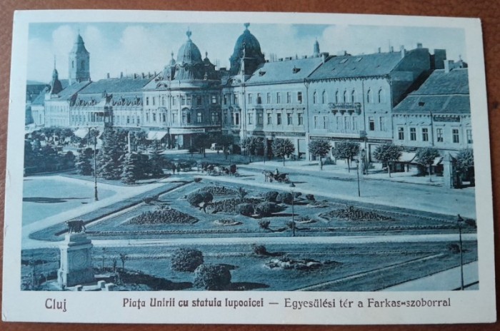 Carte postala, Cluj, Piata Unirii cu statuia lupoaicei, 1929