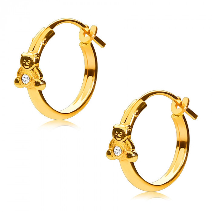 Cercei din aur 14K, cercuri cu ursuleț de pluș și zircon, &icirc;ncuietoare franceză, 12 mm