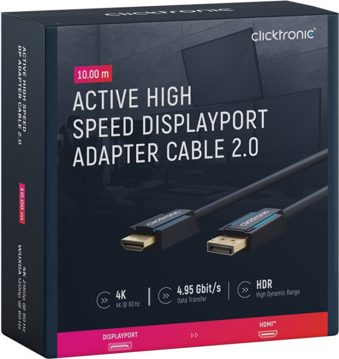 Cablu Profesional Clicktronic DisplayPort la HDMI 10m aurit v2.0 4K 60Hz 10.2Gbit/s AWG26 44927