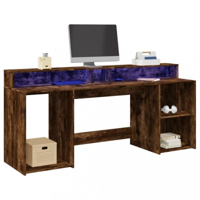 vidaXL Birou cu lumini LED stejar fumuriu 200x55x91 cm lemn prelucrat foto
