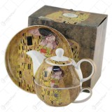 Set ceainic cu ceasca si farfurioara 350 ml/310 ml &bdquo;Sarutul&rdquo; de Gustav Klimt, in cutie decorativa