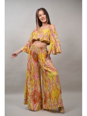 COMPLEU PANTALON CU TOP CROP CU FLORI ROBERTA Galben S-M foto