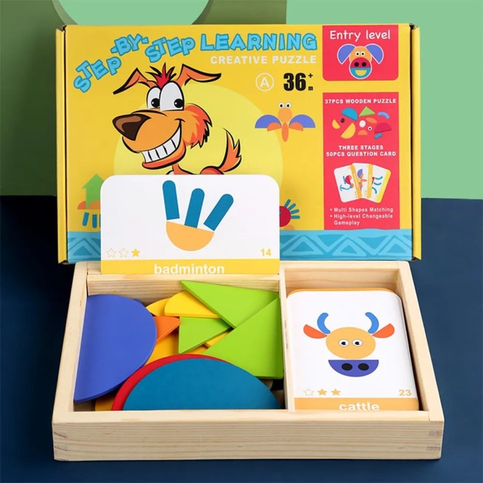 Jucărie magnetică din lemn tangram cu cărți &icirc;n limba engleză, nivel &icirc;ncepător