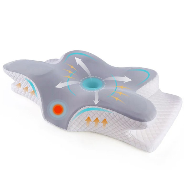 Perna Ortopedica Cervicala pentru dormit Linomag&reg;, Spuma cu Memorie, Husa lavabila, Suport pentru gat, umeri si brate, Gri/Alb, 62 x 41 x 11-13 cm