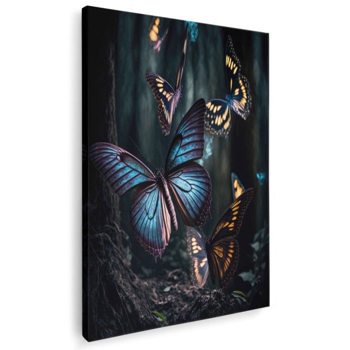 Tablou canvas fluturi in padure, albastru, negru, mov 1086 Tablou canvas pe panza CU RAMA 80x120 cm