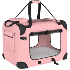 PawHut Cușcă de transport pliabilă pentru c&acirc;ini 60x41,5x41 cm cu ferestre din plasă pernă moale și 2 m&acirc;nere pentru c&acirc;ini mini și pisici roz | Aosom Ro