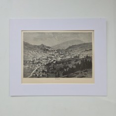 V&ouml;r&ouml;spatak / Verespatak / Rosia Montana: vedere generala, litografie 1895, gravura - gravor J. Kirchner (?), 20 x 25 cm cu paspartu / Transilvania